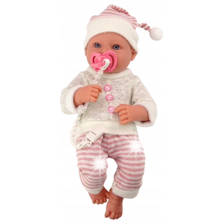 Lean Toys baba, szürke, rózsaszín nadrággal, pomponos sapkával, 35x16x10cm, szett cumival és takaróval