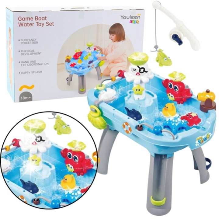 Masa interactiva cu apa, Lean Toys, joc de pescuit, efecte sonore, 58x43x63cm