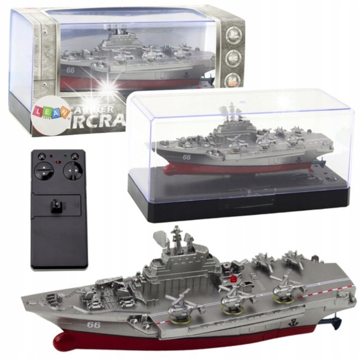 Barca cu telecomanda RC LeanToys, model militar, 15,5x5,3x5,7cm, argintie, viteza 30 km/h, set complet
