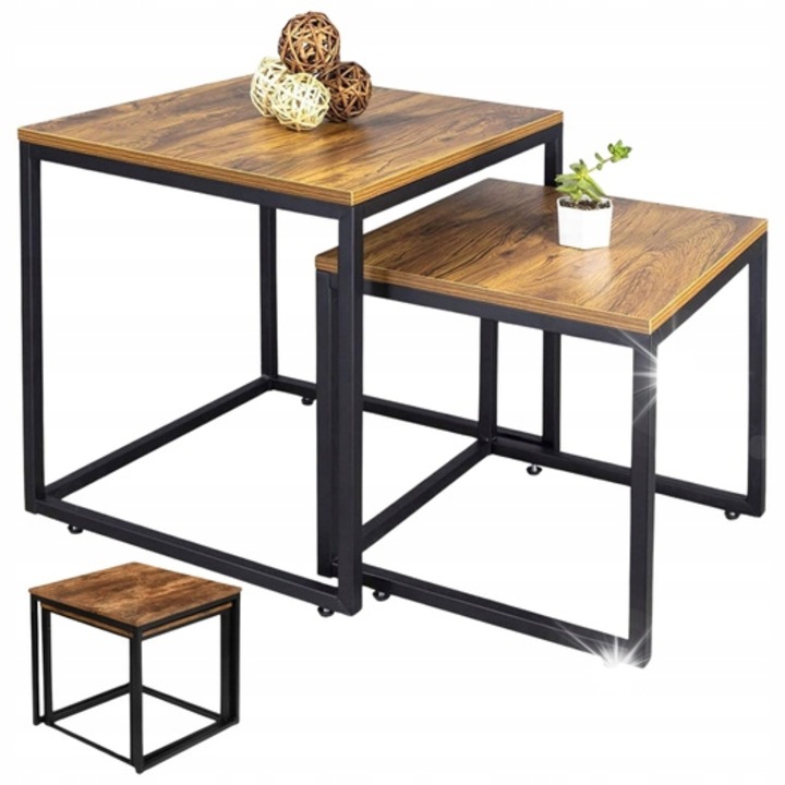 Комплект маси за кафене 2в1, Рустик, 45x50см и 40x45см, Черен метал