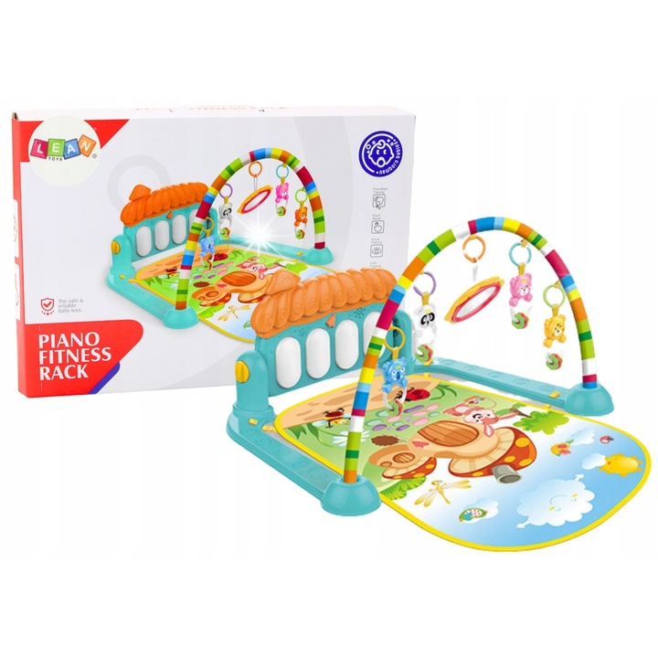Babagimnasztika szőnyeg, Lean Toys, többszínű, 0-12 hónapos korig, zongorával és felfüggesztett játékokkal