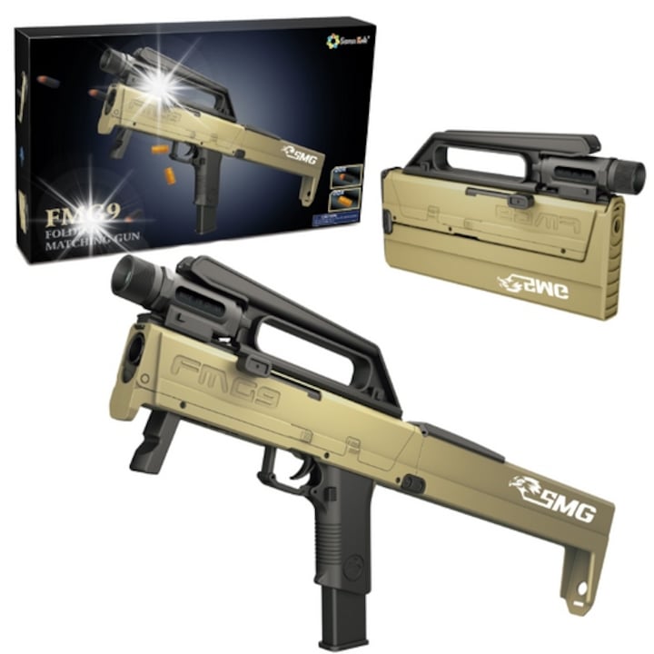 Arma de jucarie Lean Toys FMG9, pliabil, cu lanterna, 20 sageti din spuma, 68x26cm