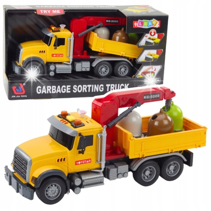 Camion cu macara pentru sortarea deseurilor, LeanToys, efecte sonore si lumini, 31x13,5x10,5cm