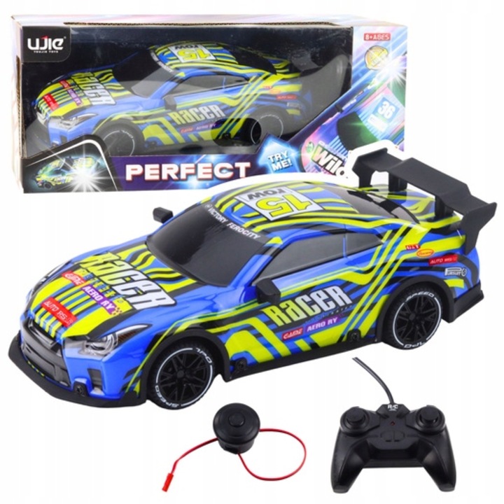 Masinuta sportiva zdalnic controlata, LeanToys, albastru-galben, efecte luminoase si sonore, 25x11x10cm, set cu pilot si buzzer