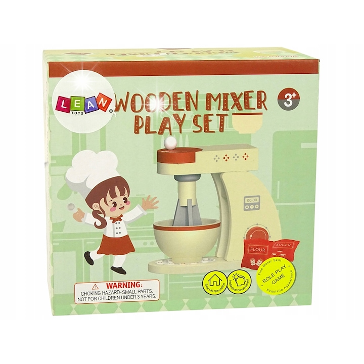 Robot de bucatarie din lemn, Lean Toys, mixer cu accesorii, 16x8x15cm, pentru copii