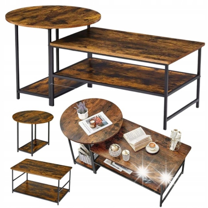 Комплект масички за кафе 2в1, индустриален стил, функция за плъзгане, МДФ, стомана, 123x60x51см