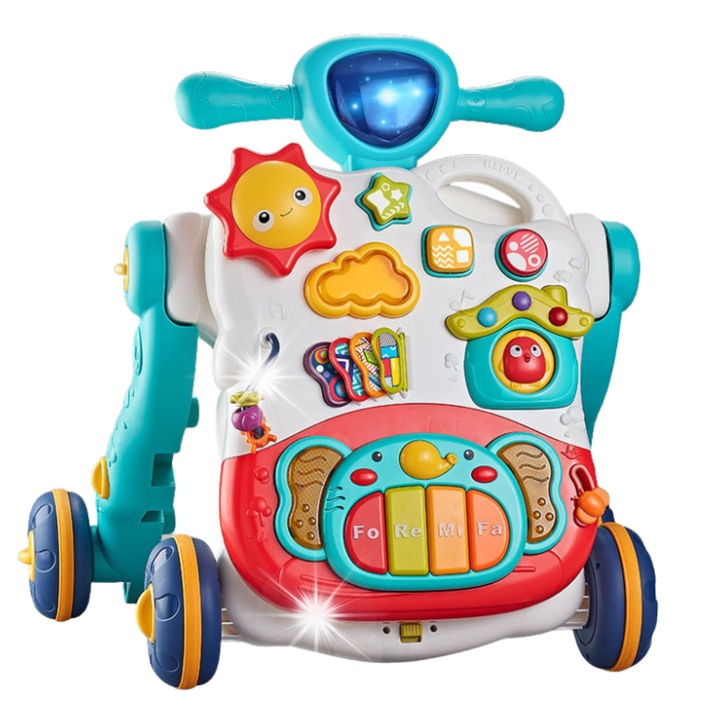 Interaktív járássegítő 3 az 1-ben Lean Toys, oktató funkciókkal, hang- és fényeffektekkel, kék, 42x33x45cm