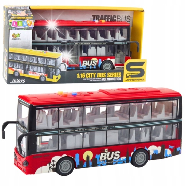 Autobuz urban 1:16, Lean Toys, cu lumini si sunete, rosu