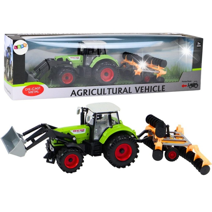 Играчка трактор с багер и плуг, Lean Toys, зелен, 26,5x13x13см