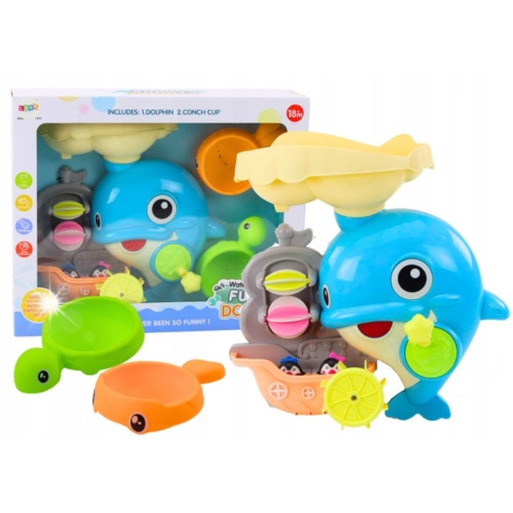 Fürdőjáték készlet, Lean Toys, kék delfin, pingvin hajók