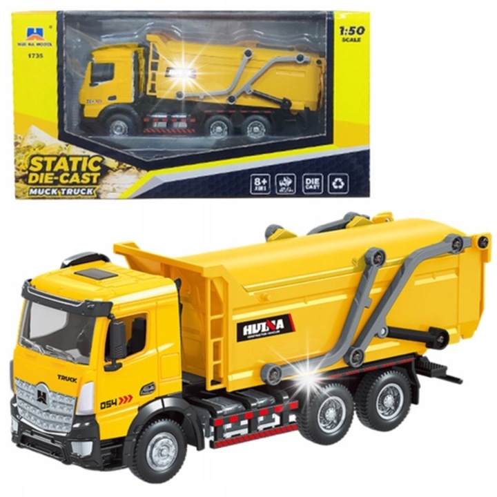 Camion 1:50, LeanToys, metal, galben, 19x6x7,4cm, set