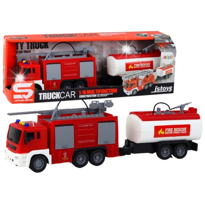 Camion de gunoi cu macara, Lean Toys, 1:16, sunete, rosu, 25x15x8cm, set cu 2 containere