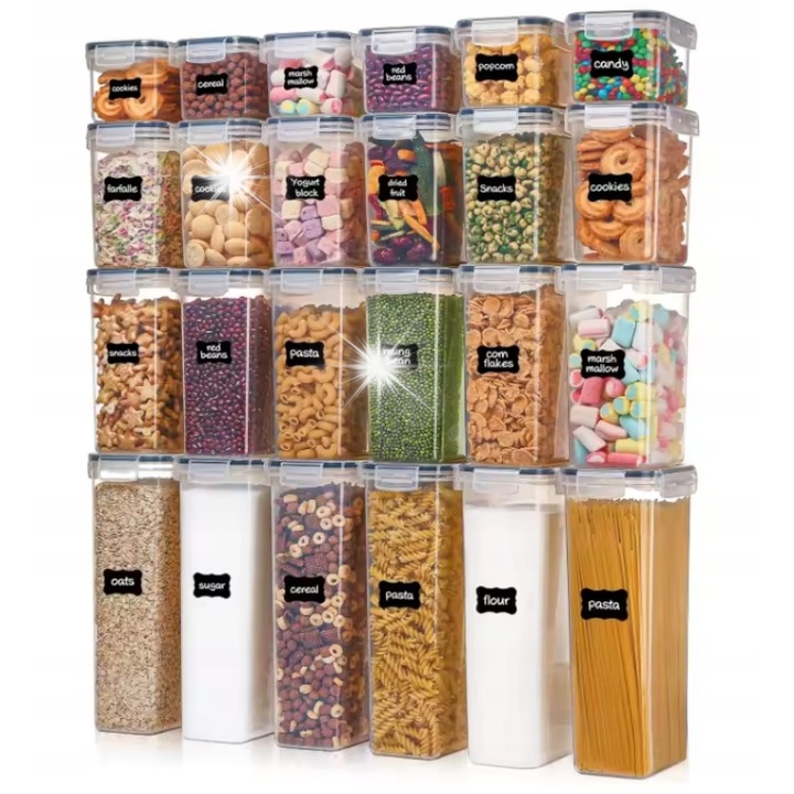 Set 24 cutii alimentare cu etichete, 5 dimensiuni, transparente, cu capacitate de pana la 2,8L