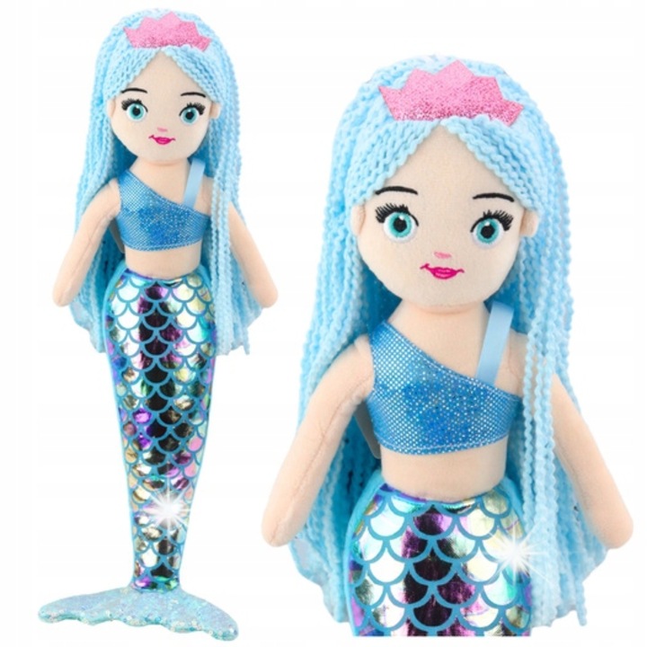 Papusa de plus sirena 48 cm, turcoaz cu coada holografica, par albastru, set complet