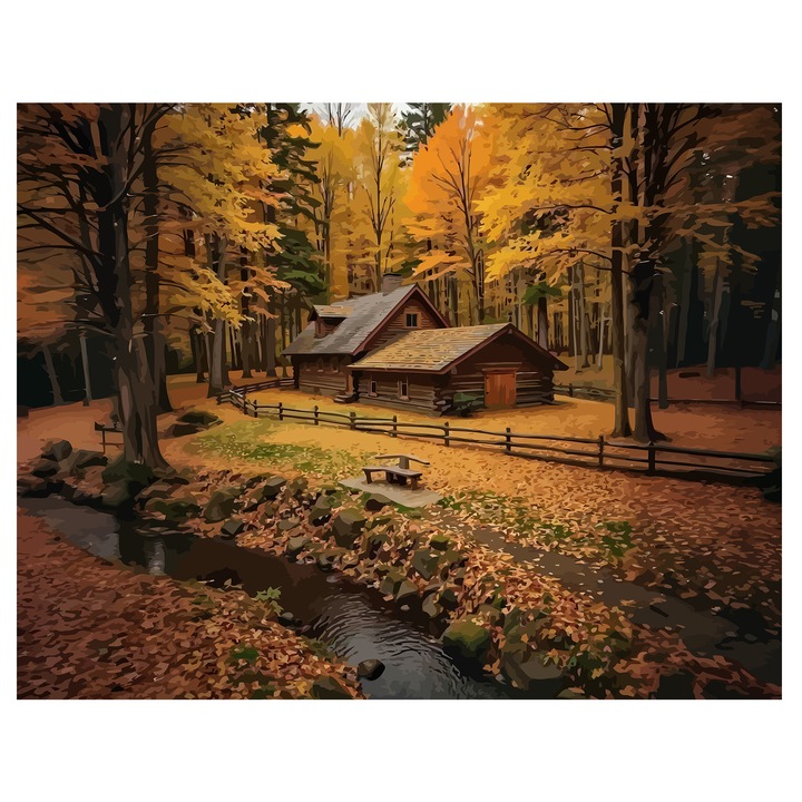 Set pictura pe numere Casuta padurarului 6238, panza bumbac pe rama lemn, 40x50 cm, tablou cu schita, 3 pensule si vopsea acrilica