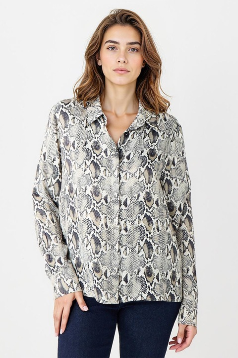 JIMMY KEY, Camasa cu nasturi si animal print, Alb/Gri/Maro taupe
