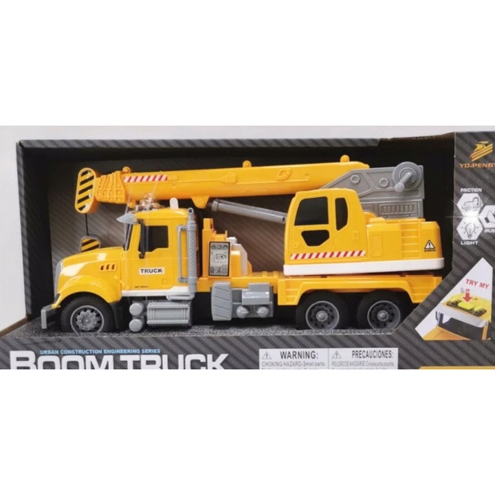 Camion cu macara galben, Lean Toys, cu efecte luminoase si sonore, 3+ ani