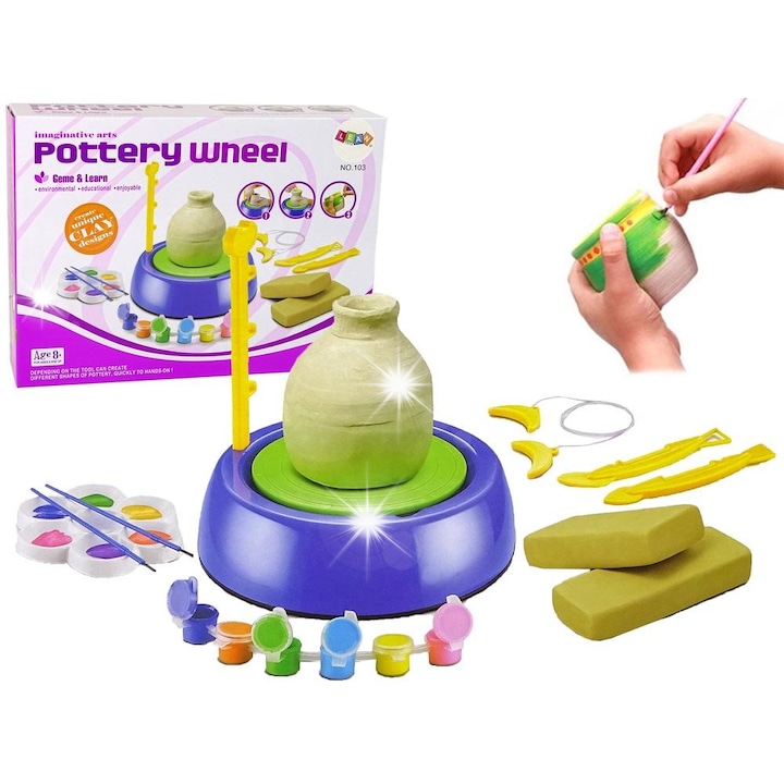 Комплект направи си сам грънчарско колело Lean Toys, с глина, пластмасови бои, 0.5 кг