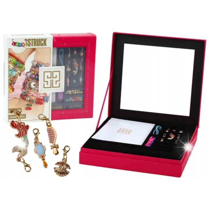 Set de Creare Bijuterii, LeanToys, Bratari si Coliere, Diverse Margele si Pandantive, Cutie Roz