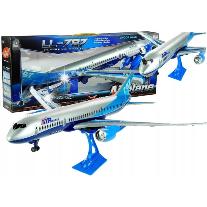 Avion de jucarie Lean Toys, 69x65x16cm, culori gri si albastru, cu suport stabil
