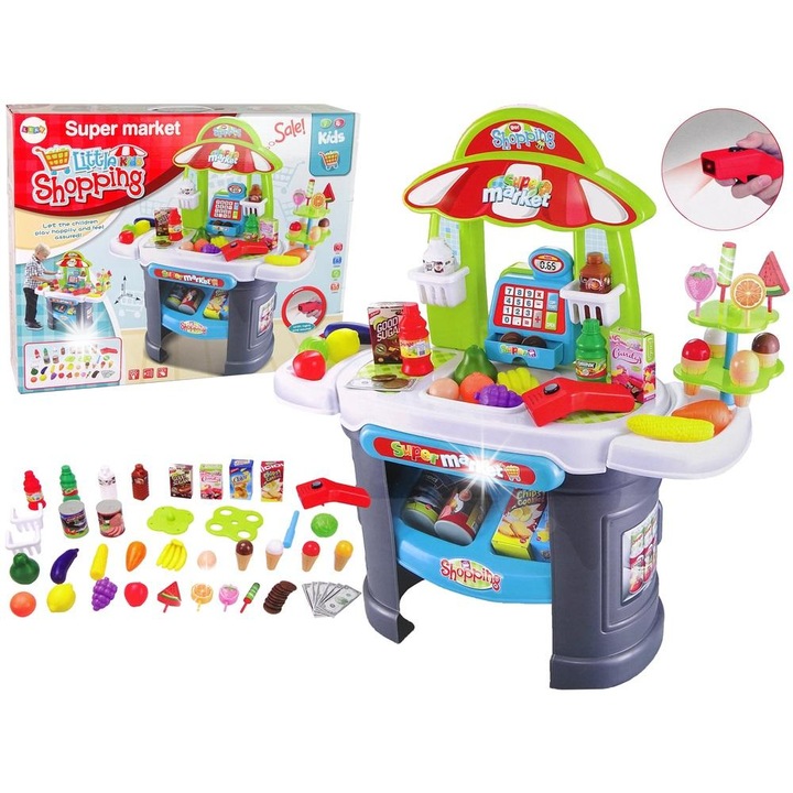 Lean Toys szupermarket játékkészlet, élelmiszer-szkenner, 66x25x68cm
