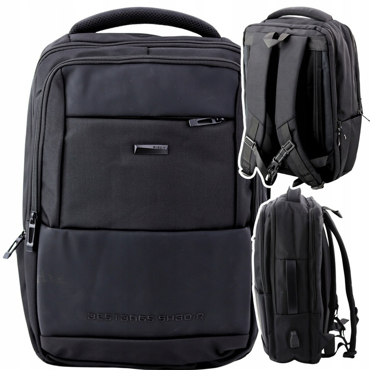 Rucsac urban de afaceri cu USB, 26L, 45x32x18cm, negru, cu trei compartimente