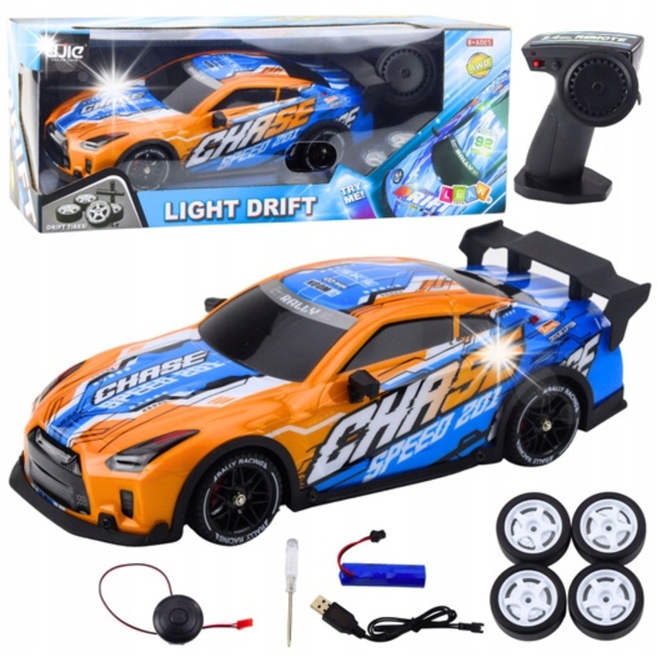 Masinuta sportiva RC cu caroserie iluminata, LeanToys, 28x11,5x8cm, portocalie