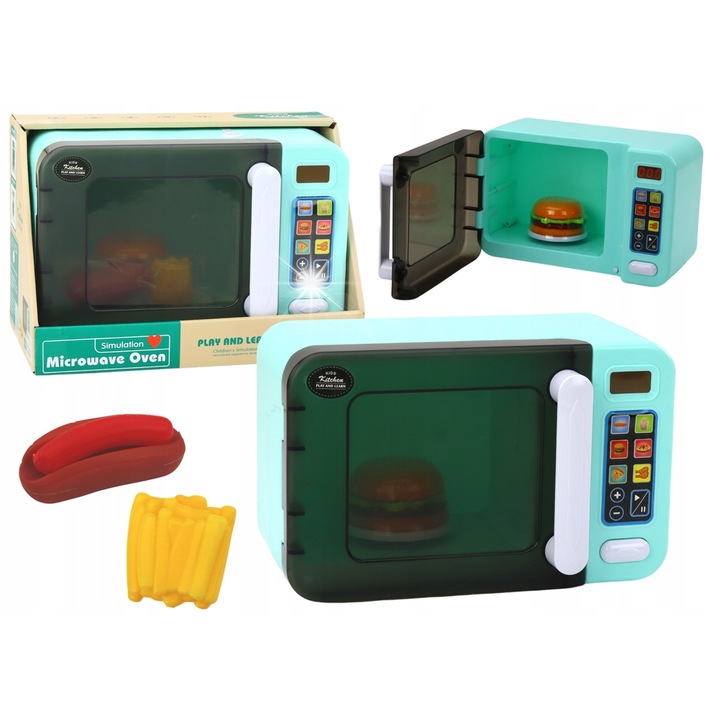 Kuchenka microfala pentru copii Lean Toys, turcoaz, set cu mancare, 26,5x17x13cm
