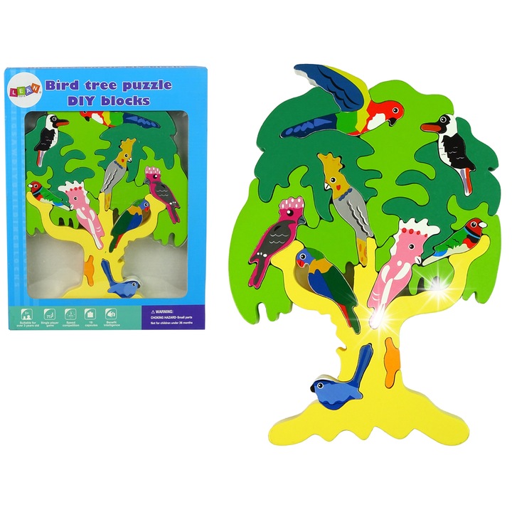 Puzzle din lemn, Lean Toys, copac cu pasari, 30x22x2cm, 31x23x3cm