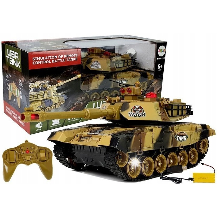 Tanc mare radio controlat Lean Toys, 2.4 GHz, galben, 45x22x18cm, sunete si lumini