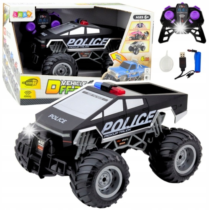 Masinarc zdalnie sterata terena RC 1:16 OFF-ROAD POLICE, efect spray, LED, 25,5x18,5x15,5cm, set complet