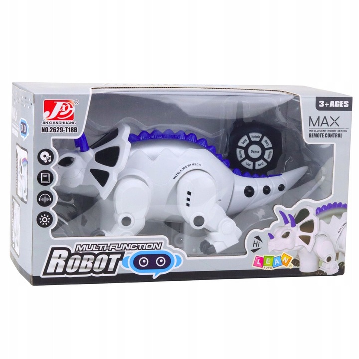 Интерактивен робот динозавър Трицератопс, LEAN Toys, 32x15x13см, с дистанционно управление, функции за ходене, танци, музика, истории, стихове