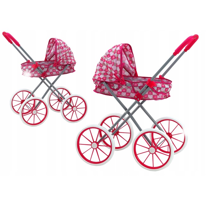 Carucior pentru papusi Lean Toys, roz, cu roti mari, pliabil, dimensiuni 61x48x28,5cm