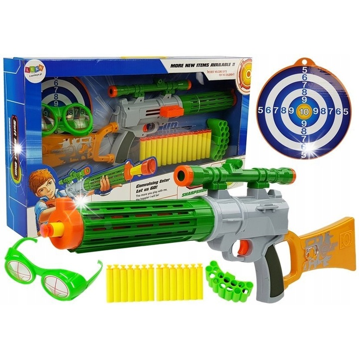 Детска пушка Lean Toys, комплект с 14 меки проектила, мишена, очила, 59x20x8.5см, сива