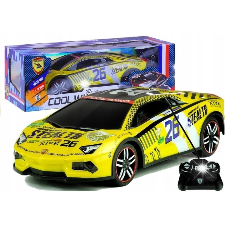 Masinuta sportiva R/C Lean Toys, galbena, 1:14, dimensiuni 34x6x14cm, set cu telecomanda