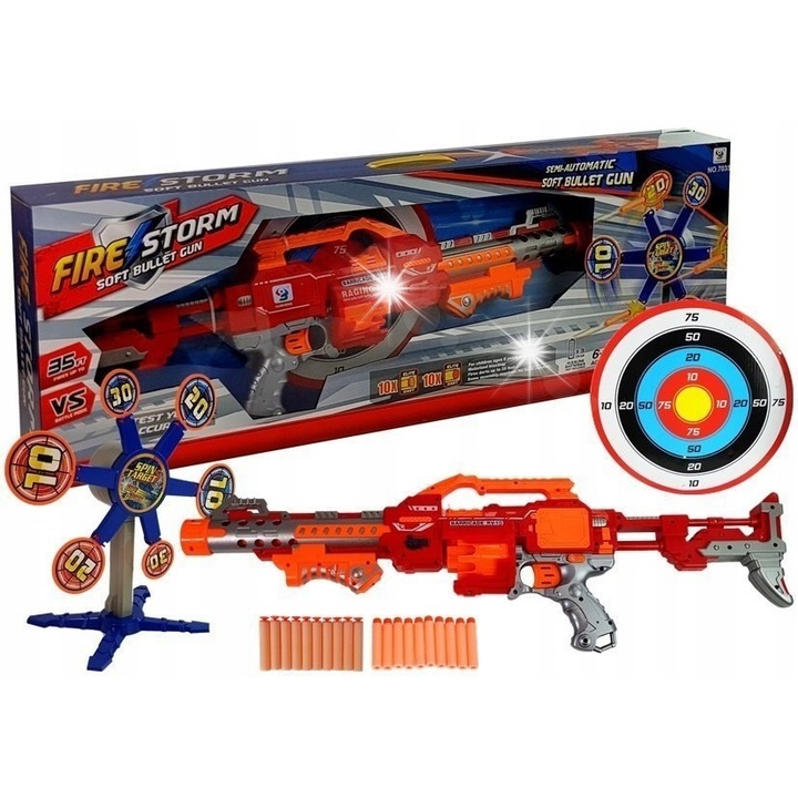 Пистолет за играчки Lean Toys, комплект с 20 стрели от пяна, въртяща се мишена, 73x17см, син