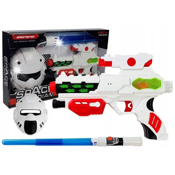 Комплект играчки оръжия Lean Toys, лазерен пистолет, светещ меч, маска, многоцветен, 48x28x5,5см