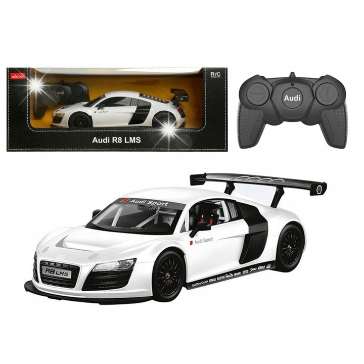 Masinuta sportiva RC Rastar Audi R8, alba, 1:18, cu telecomanda, dimensiuni 18x5x8cm