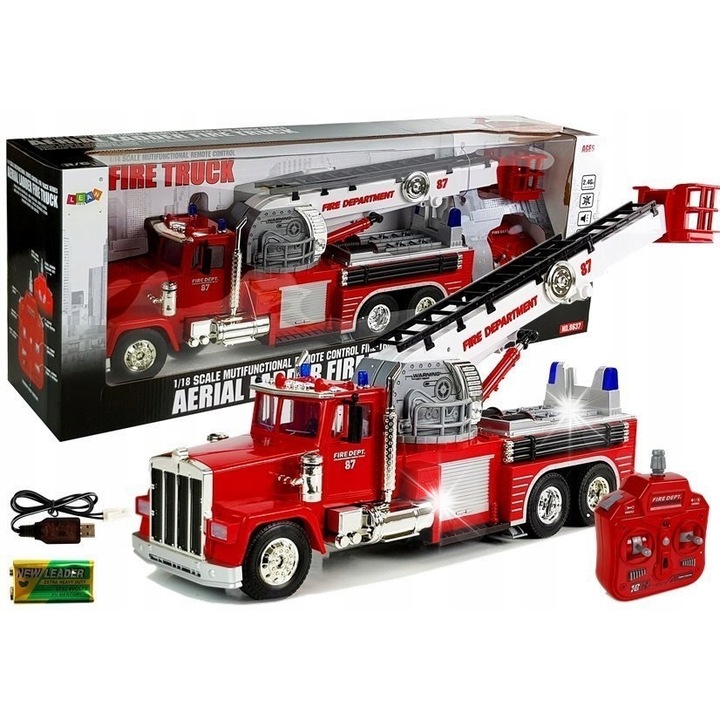 Masinuta pompier 60cm, Lean Toys, drabina extensibila, control radio, multicolor, 1:18