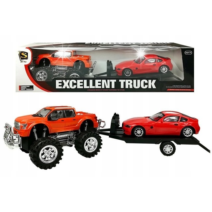 Set de Vehicule Monster Truck Pomaranciu cu Laweta si BMW Rosu, 58 cm