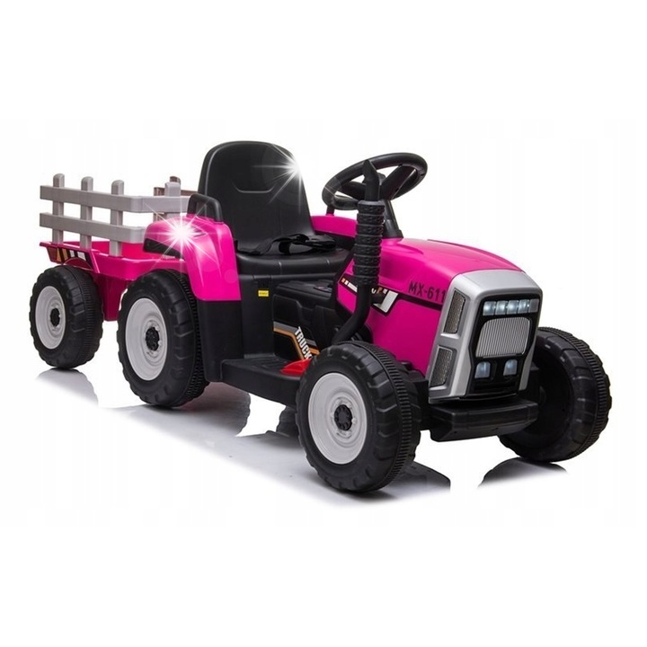 Tractor electric cu remorca Lean Toys XMX611, roz, 2 motoare, 3-8 km/h, 136,5x50x52,5cm