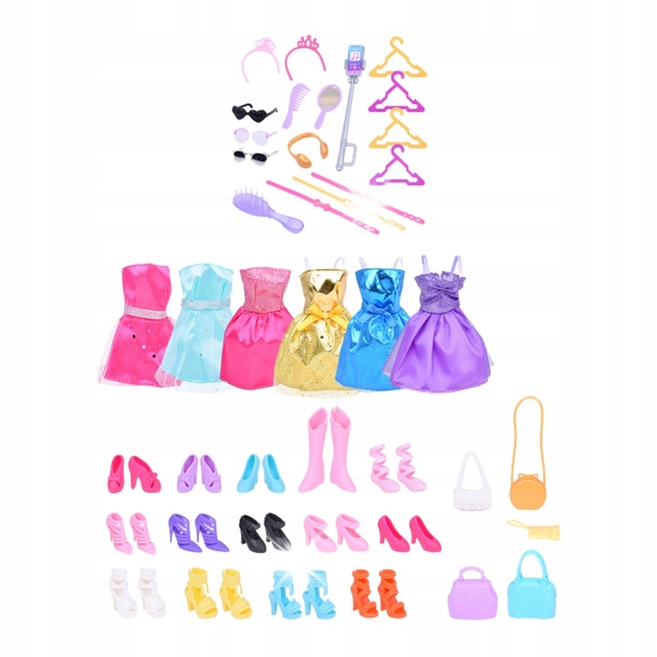 Anlily nagyméretű divatszett, baba 9 ruhával, 13 pár cipővel, 6 táskával, kiegészítőkkel, 68,5x33,5x5,5cm