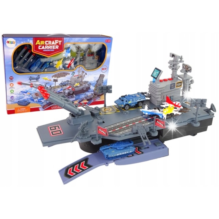 Portavion cu efecte sonore si luminoase, Lean Toys, 41cm, cu vehicule militare, multicolor