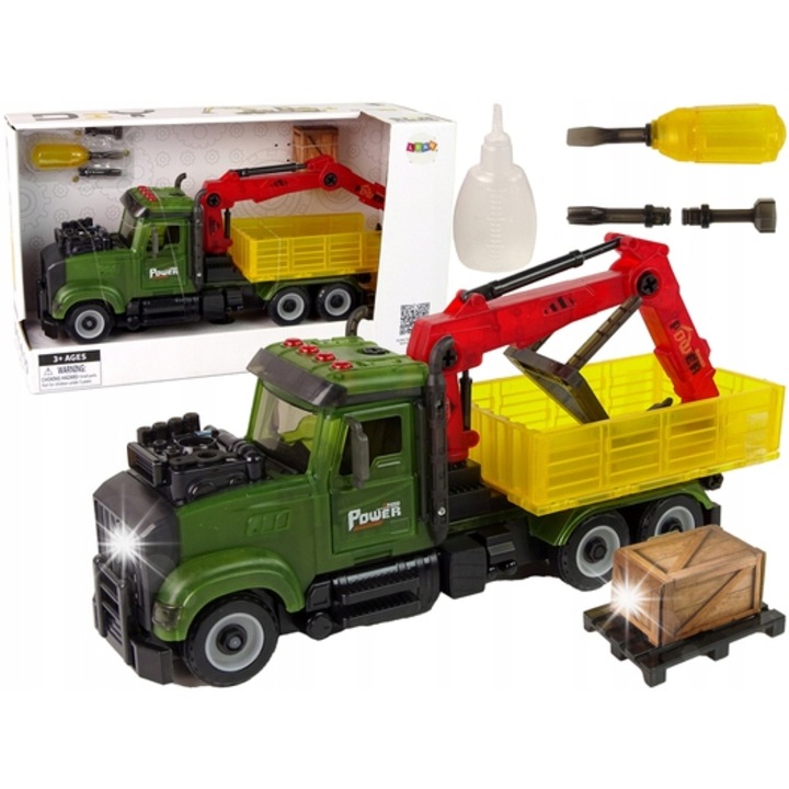 Camion cu basculanta si macara Lean Toys, 35x21x10cm, verde, cu surubelnita si paleta