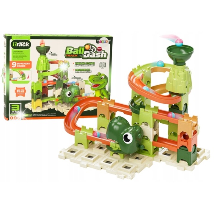 Комплект за изграждане, Lean Toys, Кула с топки с динозаври, 60 елемента, 9 нива на трудност