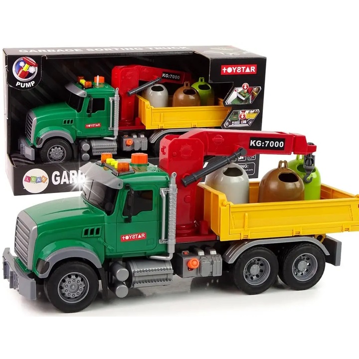 Camion cu macara, Lean Toys, set cu 3 containere pentru gunoi, 36x12x16cm, multicolor