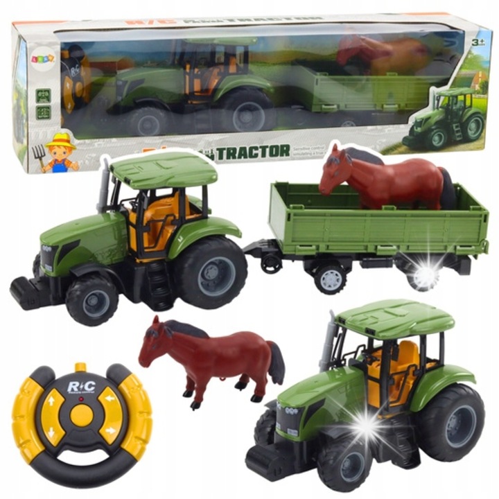 Tractor R/C cu remorca si figura de cal, LeanToys, 48x27x21cm, 2.4GHz, pentru copii 3+