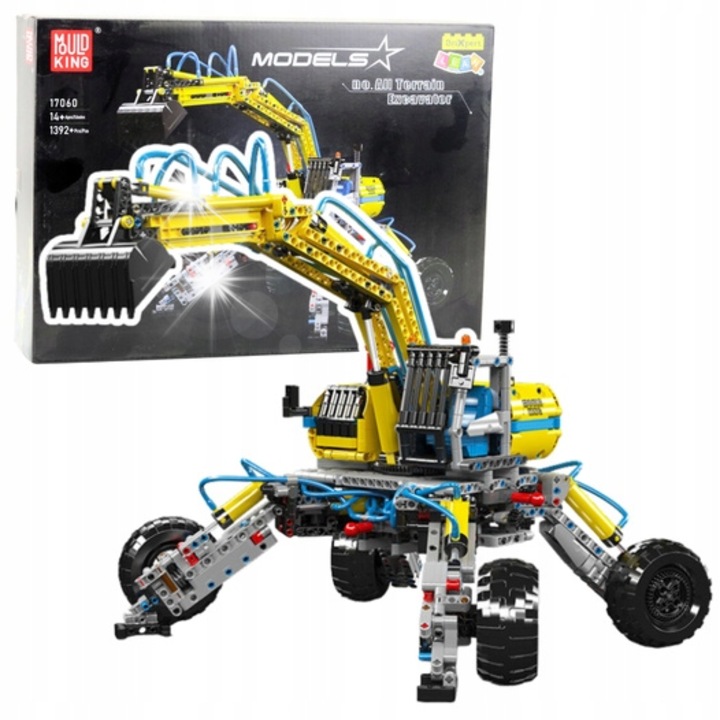 Set de constructie Mudking 17060 Excavator Teren, 1392 elemente, galben-gri cu detalii albastre, 48,5x41,6x41cm