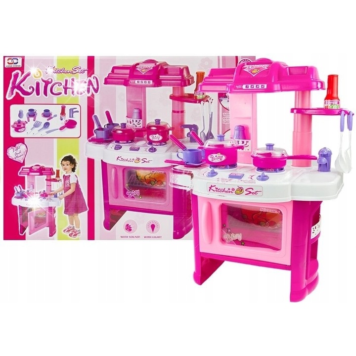 Bucatarie pentru copii, Lean Toys, set 22 accesorii, roz, 60x27x41cm