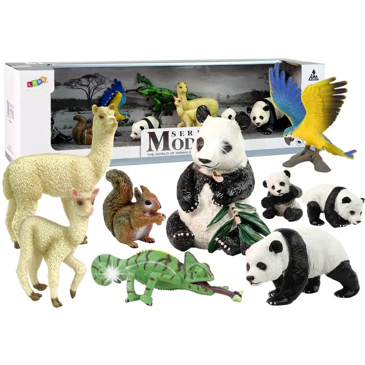 Figurine set, Lean Toys, panda adulta x 2, panda mica x 2, papagal, veverita, lama, tanara lama, cameleon, multicolor, 46x11x13cm